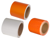 Multiple barrel drum channelizer reflective tape rolls. 2 orange and 1 white tape roll