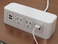 White with white top Burele table top power and data 3 ac power, 1 USB ports, and 72