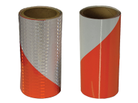 Cortina engineer grade high intensity reflective barricade tape with 50 yard roll. 2 tapes, one with right white stripe and the other with left orange stripe 