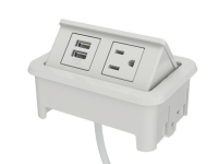 White nacre 2-port open power and data grommet with 1 USB port, 1 ac power, and 72