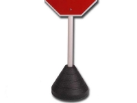 weighted black sign post base holding sign with round post hole