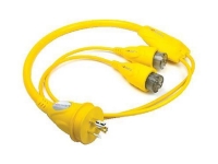 Furrion powersmart marine safety yellow Y-adapter for 2 x 15A female to 30A male.