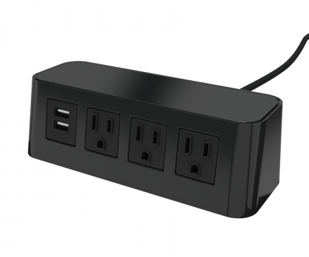 Black with black top Burele table top power and data 3 ac power, 1 USB ports, and 72