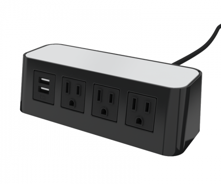 Black with white top Burele table top power and data 3 ac power, 1 USB ports, and 72