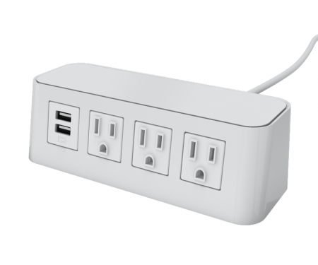 White with white top Burele table top power and data 3 ac power, 1 USB ports, and 72
