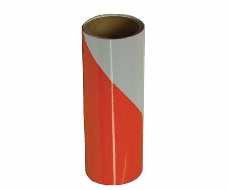 Cortina orange engineer grade reflective barricade tape with 50 yard length, 8 inch width, and 4 inch right stripe