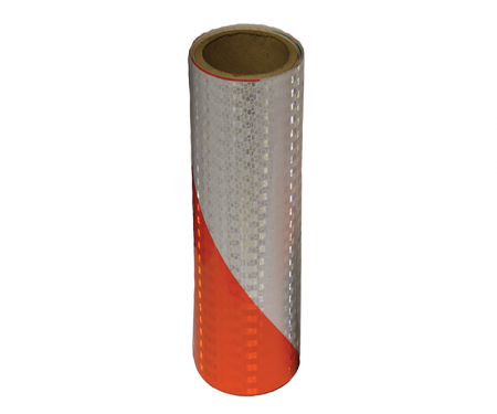Cortina orange and white engineer grade reflective barricade tape with 50 yard length, 12 inch width, and 6 inch right stripe