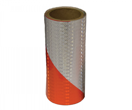 Cortina orange and white engineer grade reflective barricade tape with 50 yard length, 6 inch width, and 6 inch right stripe