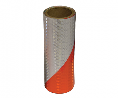 Cortina orange and white engineer grade reflective barricade tape with 50 yard length, 8 inch width, and 6 inch left stripe