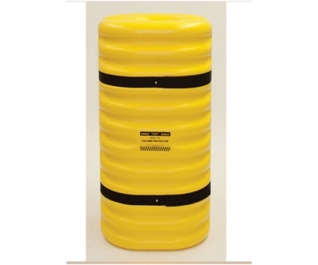 yellow impact protector for 6 inch columns in warehouse made of dense plastic.