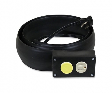 Black electrical extension cord cover with duplex outlets