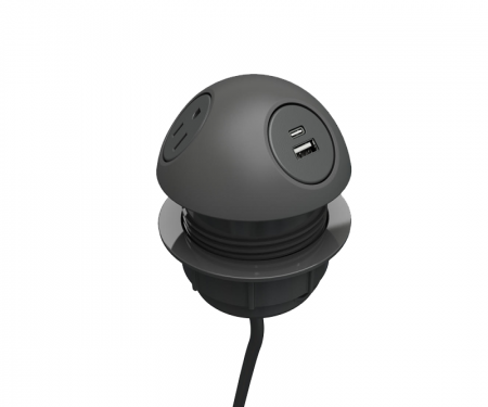 Black hemisphere desk power grommet with 2 power, 1 USB A and C port, and 120