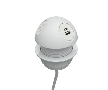 White hemisphere desk power grommet with 2 power, 1 USB A and C port, and 120
