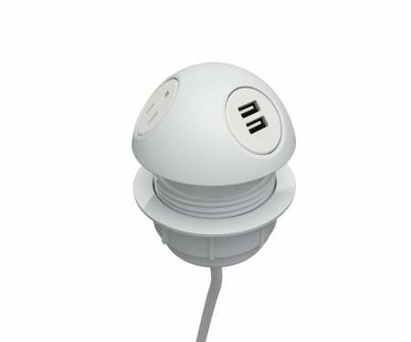 White hemisphere desk power grommet with 2 power, 1 USB port, and 120