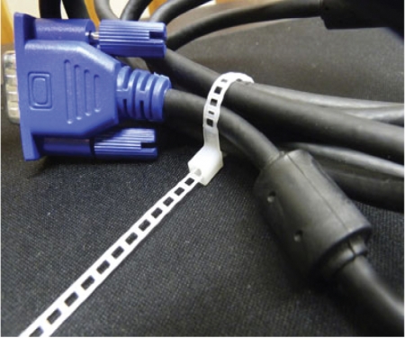 Natural nylon ladder type cable tie in use