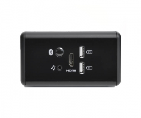 Black mediahub desktop mini with bluetooth audio, stereo jack, 2 USB charge port, and HDMI cable port