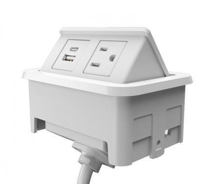 White nacre 2-port open power and data grommet with 1 USB a and c port, 1 ac power, and 72