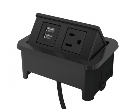 Black nacre 2-port open power and data grommet with 1 USB port, 1 ac power, and 72