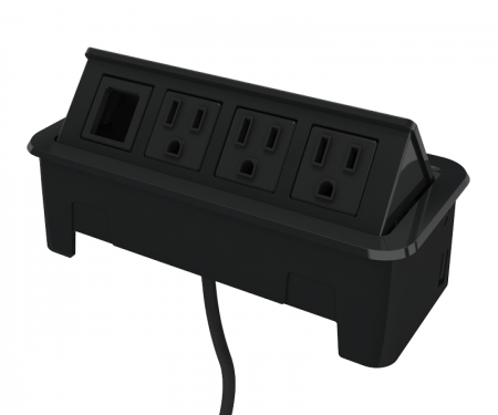 Black nacre 4-port open power and data grommet with 3 ac power, 1 open data, and 72