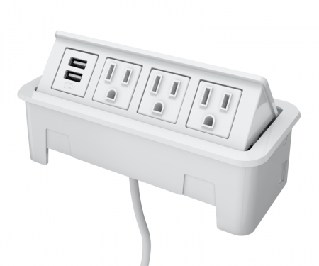 White nacre 4-port open power and data grommet with 3 ac power, 1 USB port, and 72