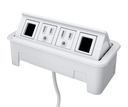 White nacre 4-port open power and data grommet with 1 USB with 2 ac power, 2 open data, and 72