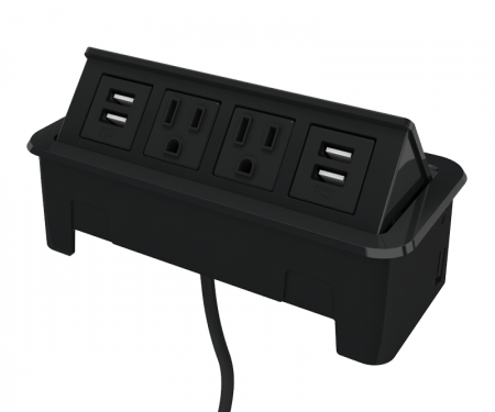 Black nacre 4-port open power and data grommet with 2 ac power, 2 USB ports, and 72