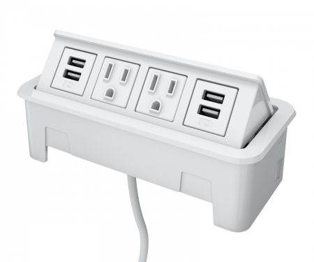 White nacre 4-port open power and data grommet with 2 ac power, 2 USB ports, and 72