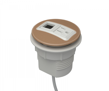 Camel leather parchment powdercoat node power and data desk grommet with 1 ac power, 1 open data, and 72