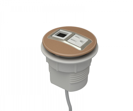 Camel leather and satin nickel node power and data desk grommet with 1 ac power, 1 open data, and 72