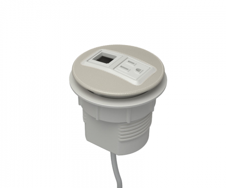 Cream leather and silver powdercoat parchment node power and data desk grommet with 1 ac power, 1 open data, and 72