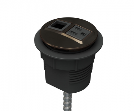 Dark bronze plated power and data desk grommet with 1 ac power, 1 open data, and hardwired 72