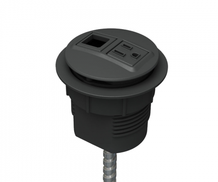 Midnight powdercoat power and data desk grommet with 1 ac power, 1 open data, and hardwired 72