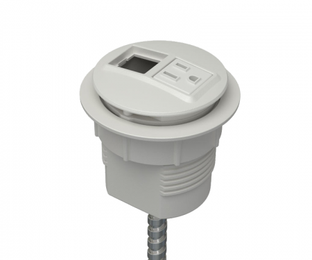 Parchment powdercoat power and data desk grommet with 1 ac power, 1 open data, and hardwired 72