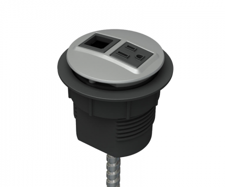 Silver powdercoat power and data desk grommet with 1 ac power, 1 open data, and hardwired 72