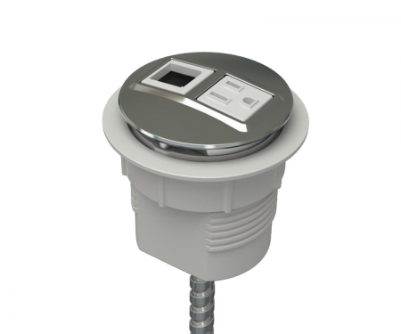 Trivalent chrome white simplex node power and data desk grommet with 1 ac power, 1 open data, and hardwired 72