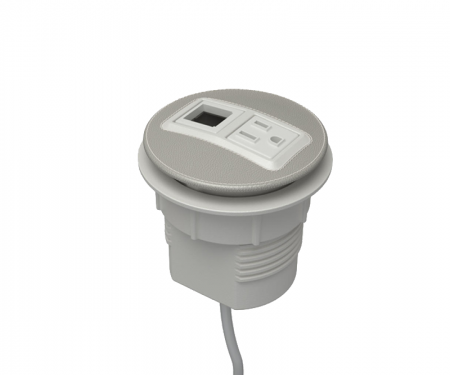 Smoke leather and silver powdercoat parchment node power and data desk grommet with 1 ac power, 1 open data, and 72