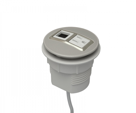 Smoke leather and satin nickel node power and data desk grommet with 1 ac power, 1 open data, and 72