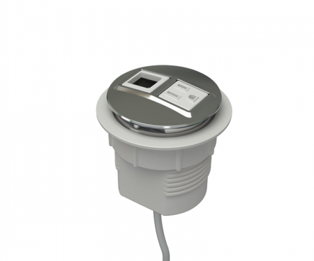 Trivalent chrome white simplex node power and data desk grommet with 1 ac power, 1 open data, and 72