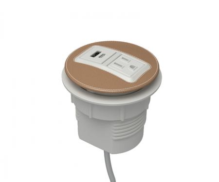 Camel leather and parchment powdercoat node power and data desk grommet with 1 ac power, 1 usb c and a, and 72