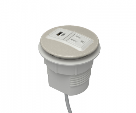 Cream leather parchment powdercoat node power and data desk grommet with 1 ac power, 1 USB a and c, and 72