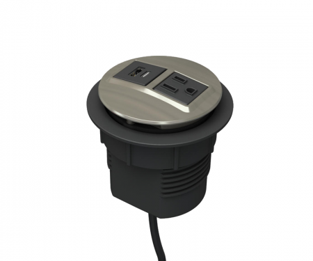 Satin nickel plated node power and data desk grommet with 1 ac power, 1 USB a and c, and 72