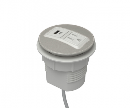 Smoke leather and silver powdercoat smoke leather and parchment powdercoat node power and data desk grommet with 1 ac power, 1 usb a and c, and 72