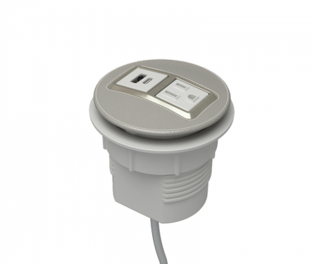 Smoke leather satin nickel node power and data desk grommet with 1 ac power, 1 USB a and c, and 72
