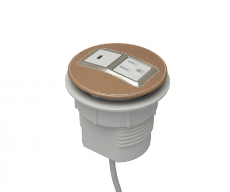 Camel leather and satin nickel plated node power and data desk grommet with 1 ac power, 1 USB-c, and 72