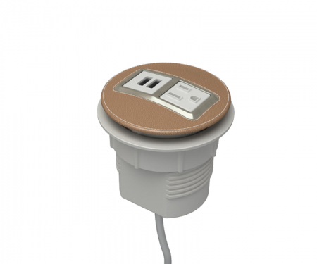 Camel leather satin nickel node power and data desk grommet with 1 ac power, 1 USB charger, and 72