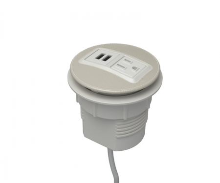 Cream leather parchment powdercoat node power and data desk grommet with 1 ac power, 1 USB charger, and 72