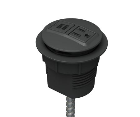Midnight powdercoat power and data desk grommet with 1 ac power, 1 USB charger, and hardwired 72