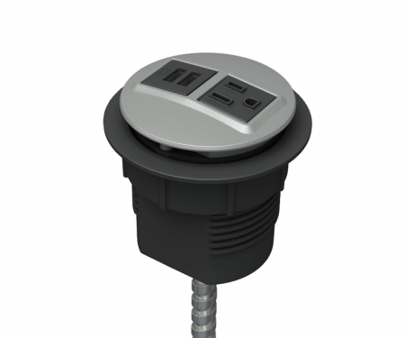 Silver powdercoat power and data desk grommet with 1 ac power, 1 USB charger, and hardwired 72