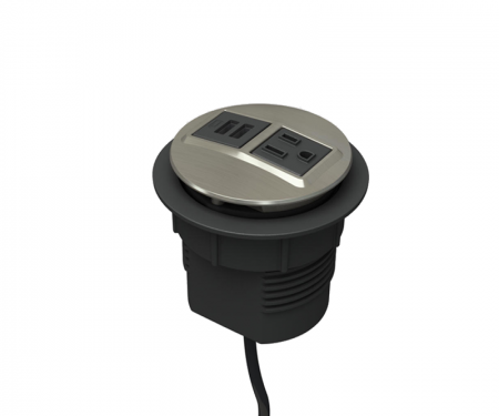 Satin nickel plated node power and data desk grommet with 1 ac power, 1 usb port, and 72