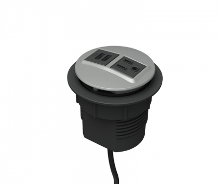 Silver powdercoat node power and data desk grommet with 1 ac power, 1 usb port, and 72
